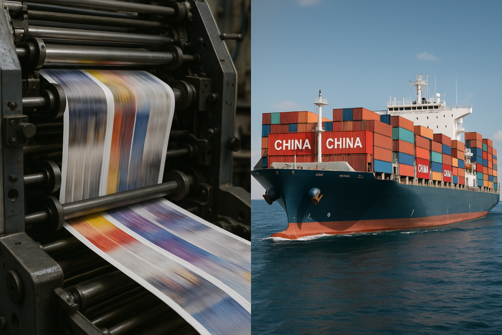 Printing press and Chinese cargo ship illustration
